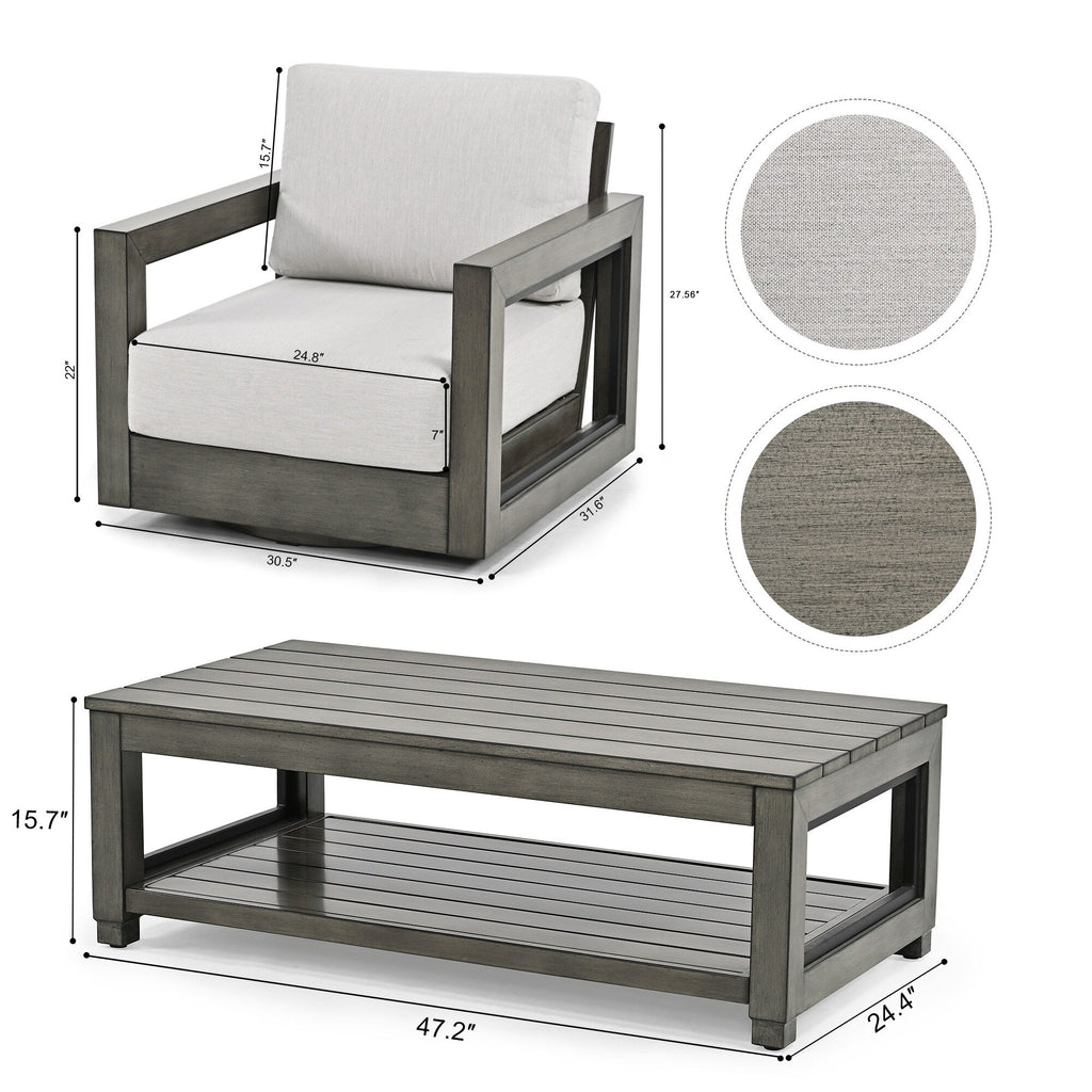 Ensemble de salon de jardin en aluminium pour 4 personnes avec chaises pivotantes, cadre et coussins peints à la main