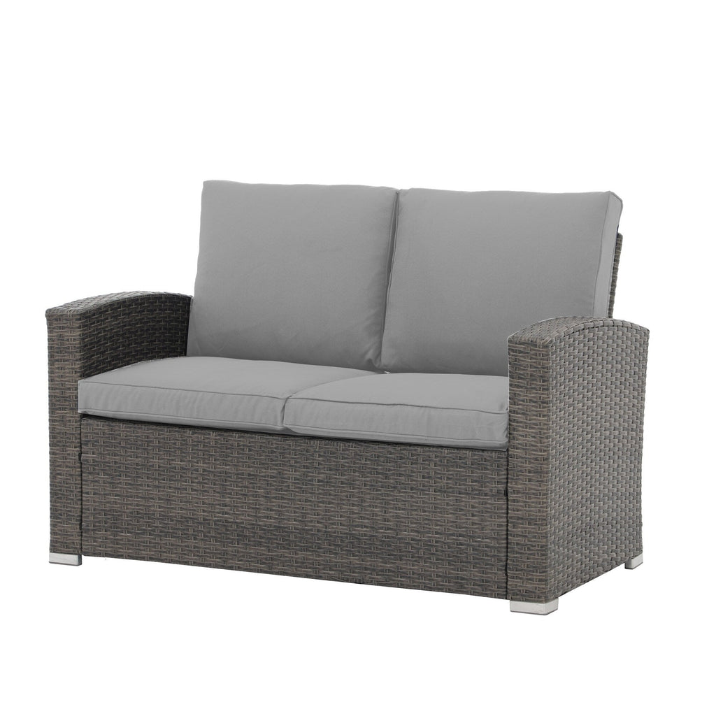 Salon de jardin en rotin pour 4 personnes avec coussins gris et table en verre trempé