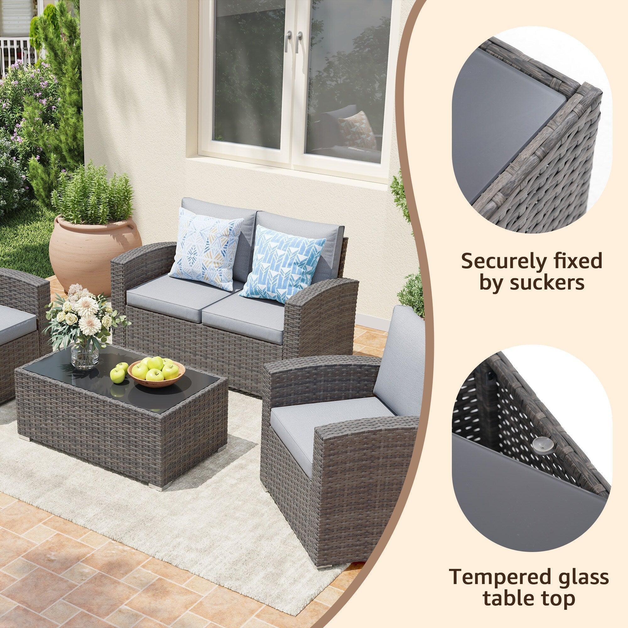 Salon de jardin en rotin pour 4 personnes avec coussins gris et table en verre trempé