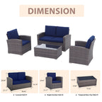 Salon de jardin en rotin pour 4 personnes avec coussins gris et table en verre trempé