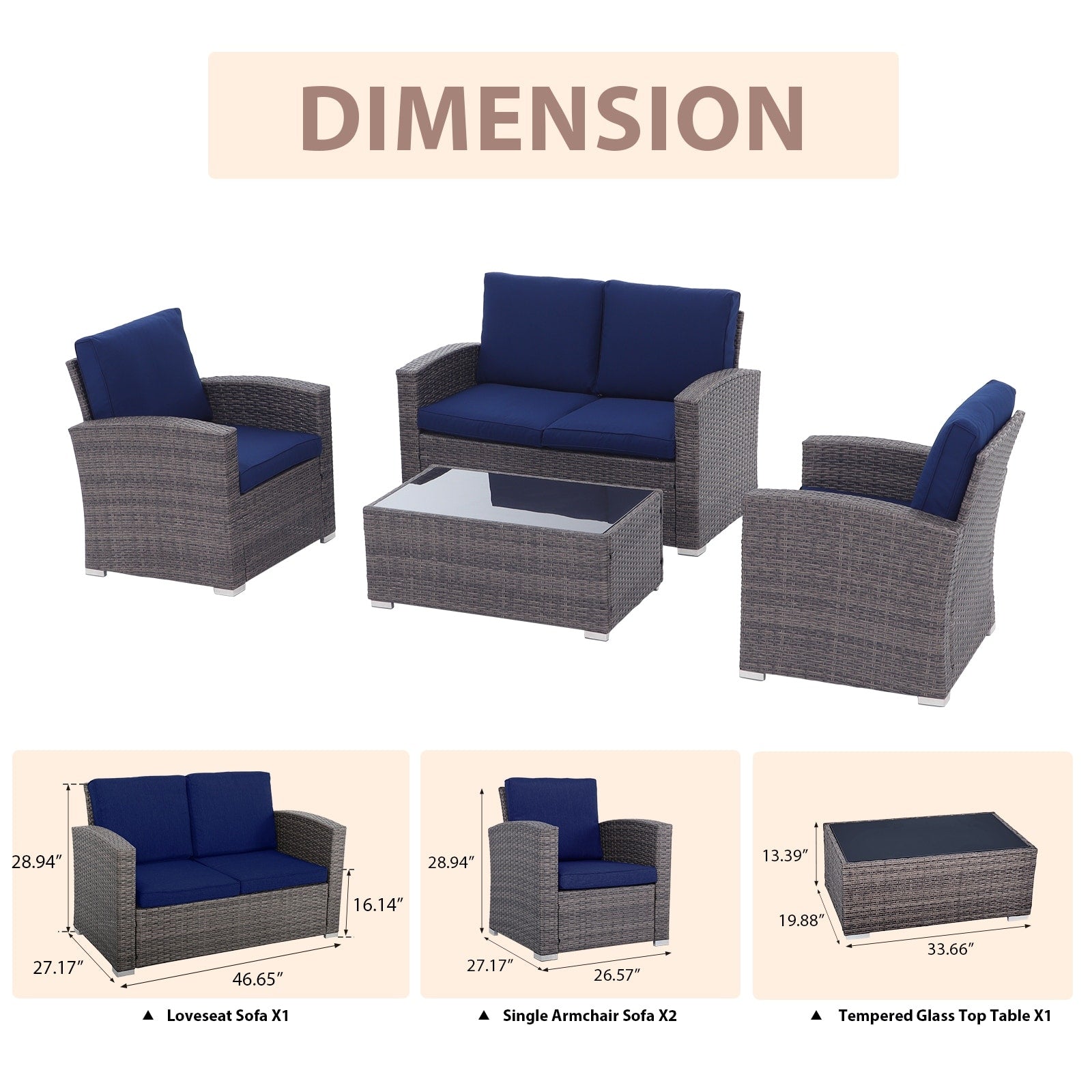 Salon de jardin en rotin pour 4 personnes avec coussins gris et table en verre trempé