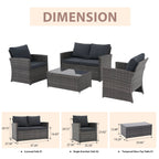 Salon de jardin en rotin pour 4 personnes avec coussins gris et table en verre trempé