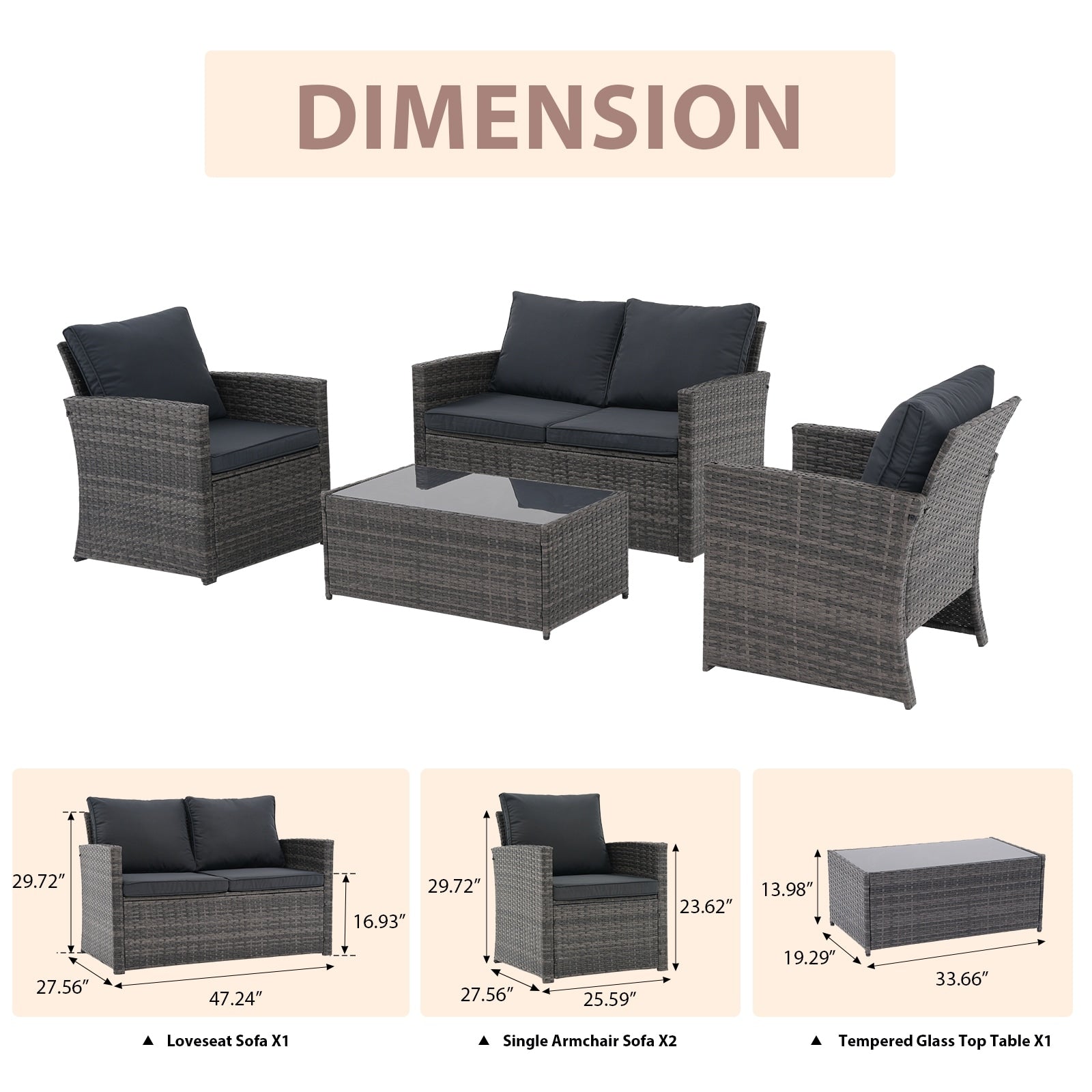 Salon de jardin en rotin pour 4 personnes avec coussins gris et table en verre trempé