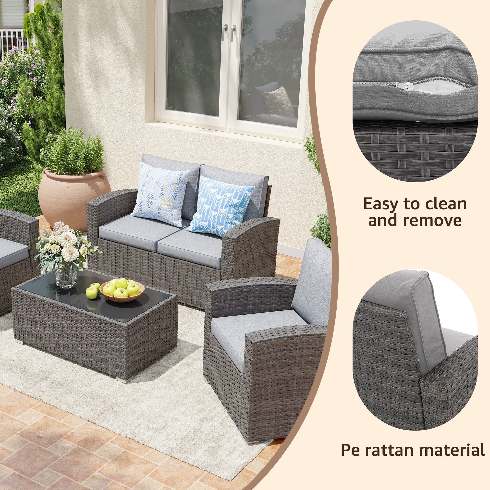 Salon de jardin en rotin pour 4 personnes avec coussins gris et table en verre trempé