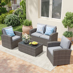 Salon de jardin en rotin pour 4 personnes avec coussins gris et table en verre trempé