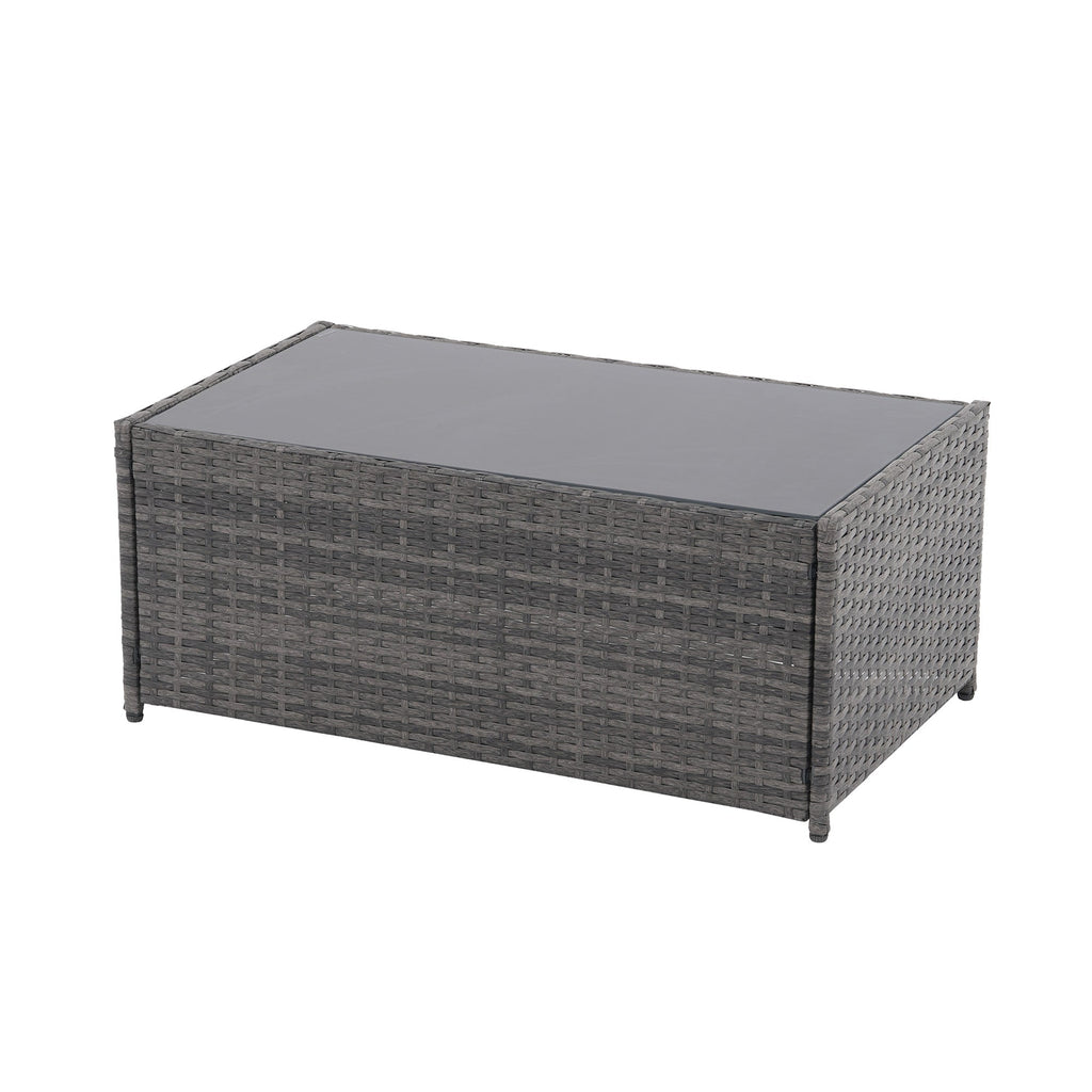 Salon de jardin en rotin pour 4 personnes avec coussins gris et table en verre trempé