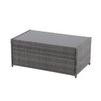 Salon de jardin en rotin pour 4 personnes avec coussins gris et table en verre trempé