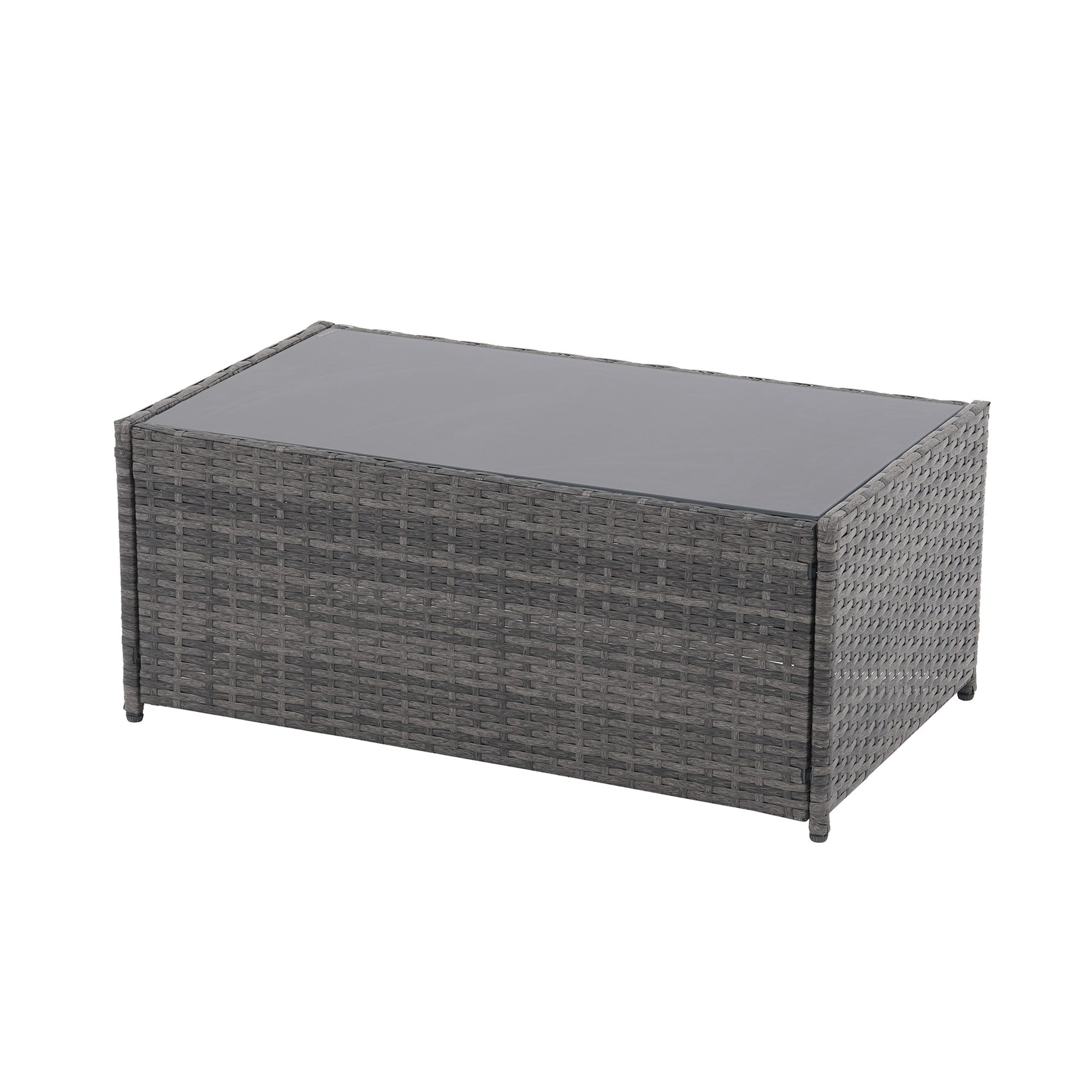 Salon de jardin en rotin pour 4 personnes avec coussins gris et table en verre trempé