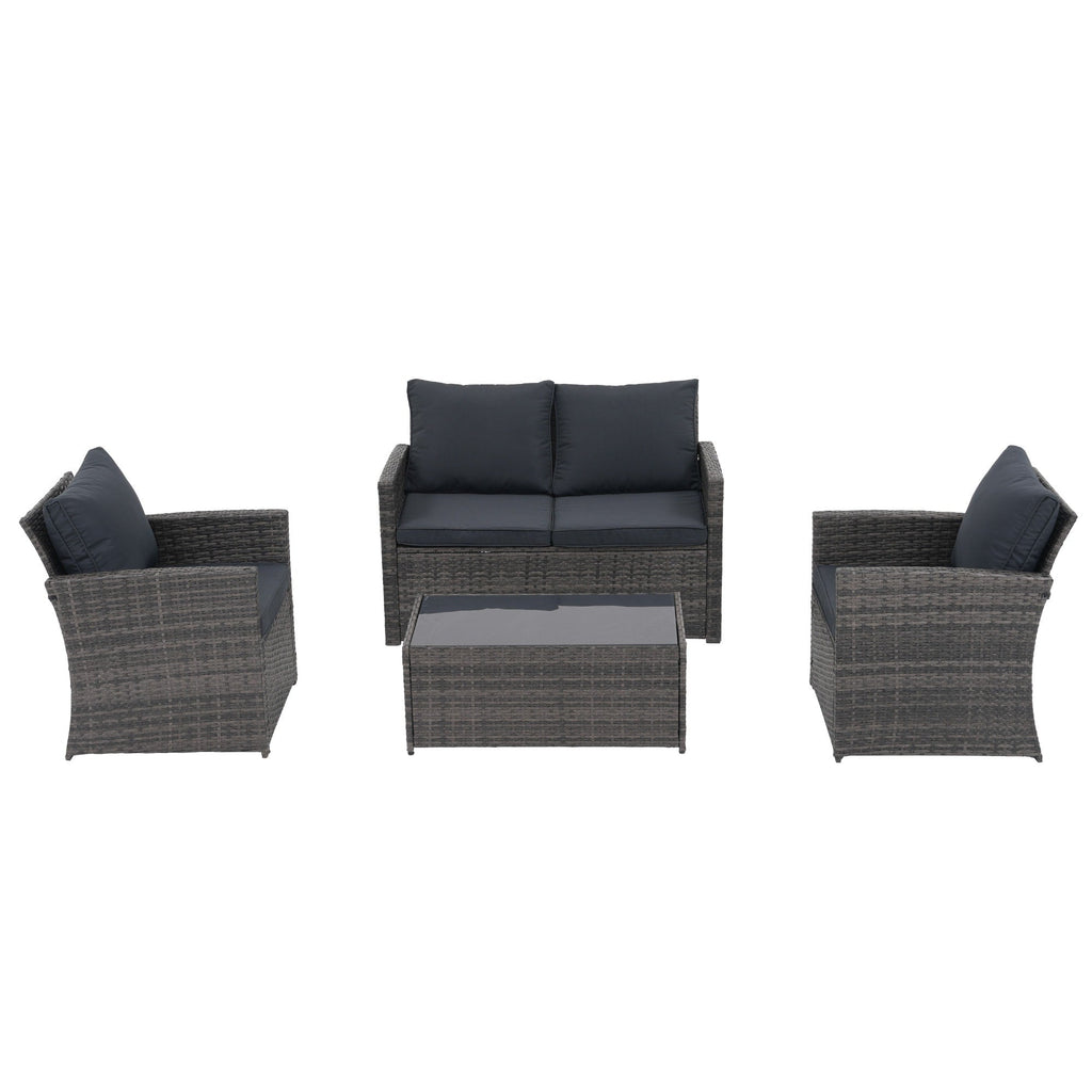 Salon de jardin en rotin pour 4 personnes avec coussins gris et table en verre trempé