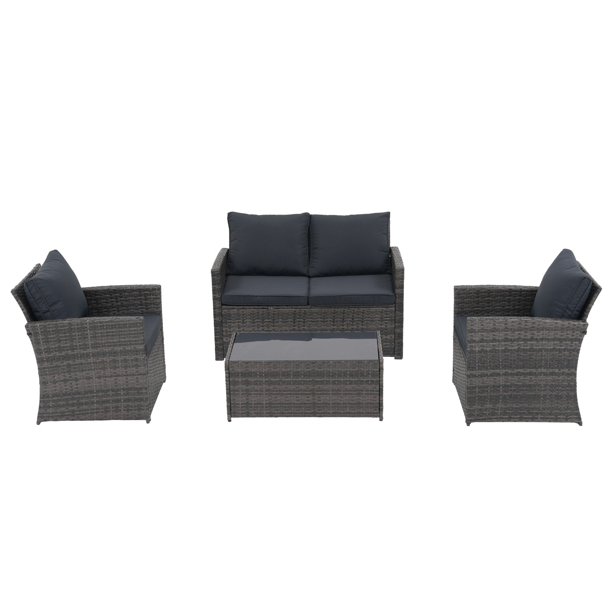 Salon de jardin en rotin pour 4 personnes avec coussins gris et table en verre trempé