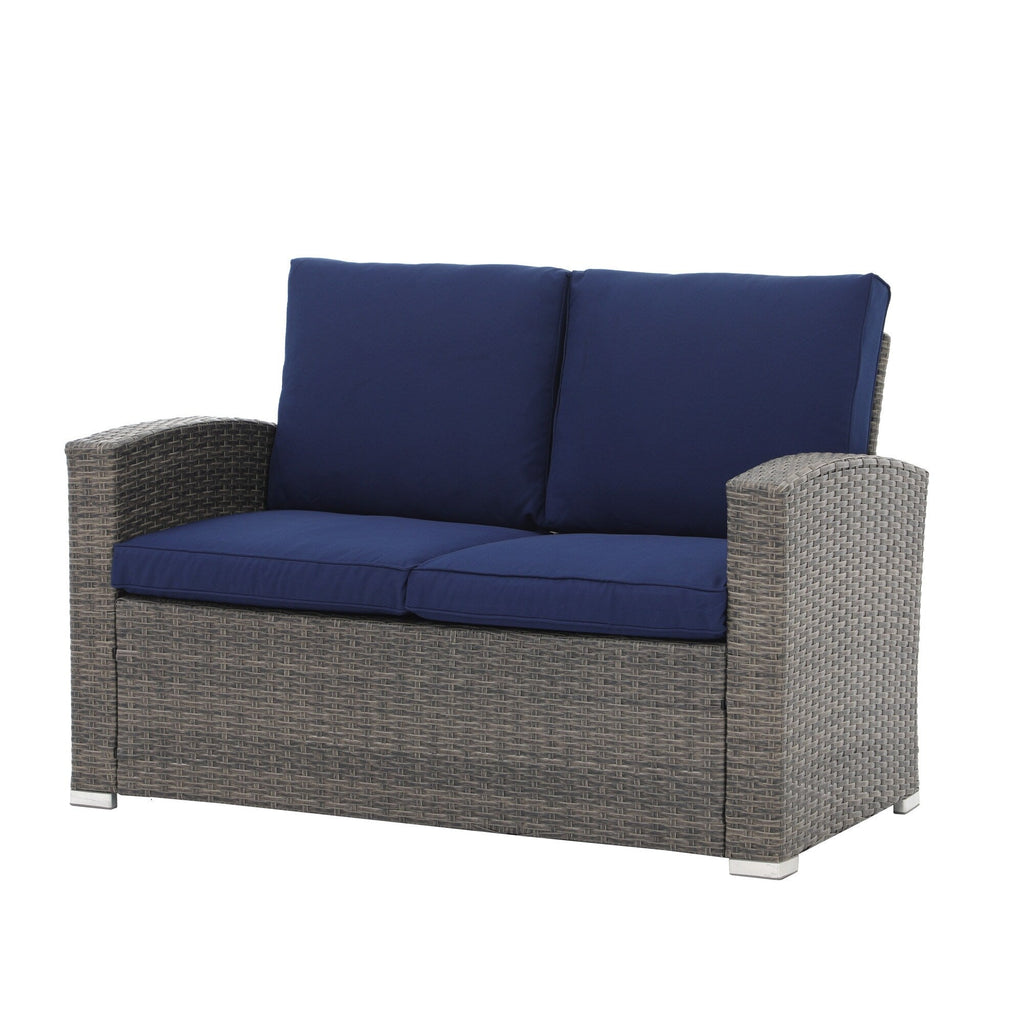 Salon de jardin en rotin pour 4 personnes avec coussins gris et table en verre trempé