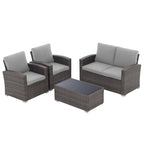 Salon de jardin en rotin pour 4 personnes avec coussins gris et table en verre trempé