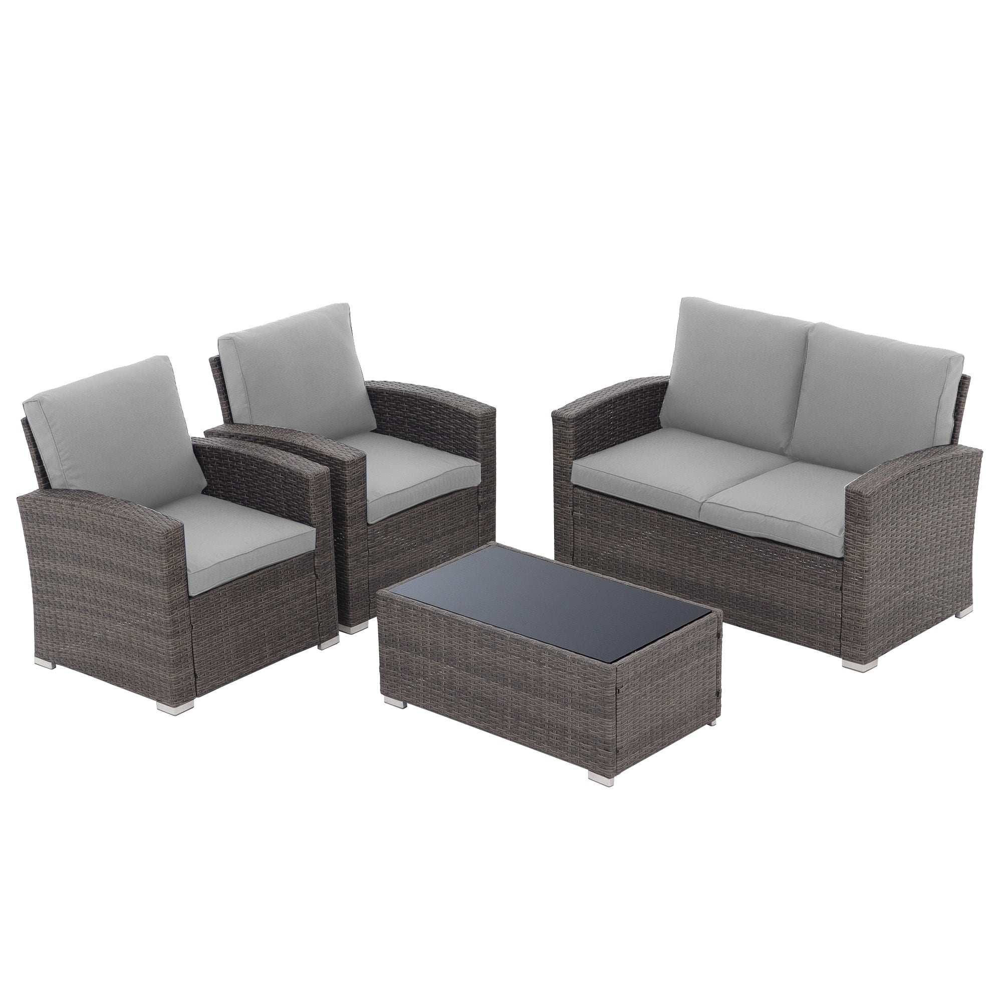 Salon de jardin en rotin pour 4 personnes avec coussins gris et table en verre trempé