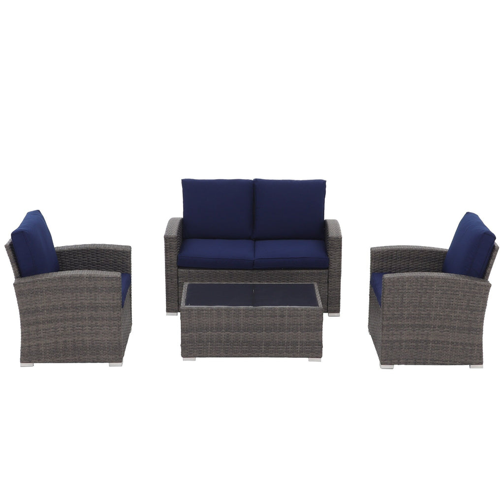 Salon de jardin en rotin pour 4 personnes avec coussins gris et table en verre trempé