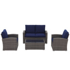 Salon de jardin en rotin pour 4 personnes avec coussins gris et table en verre trempé