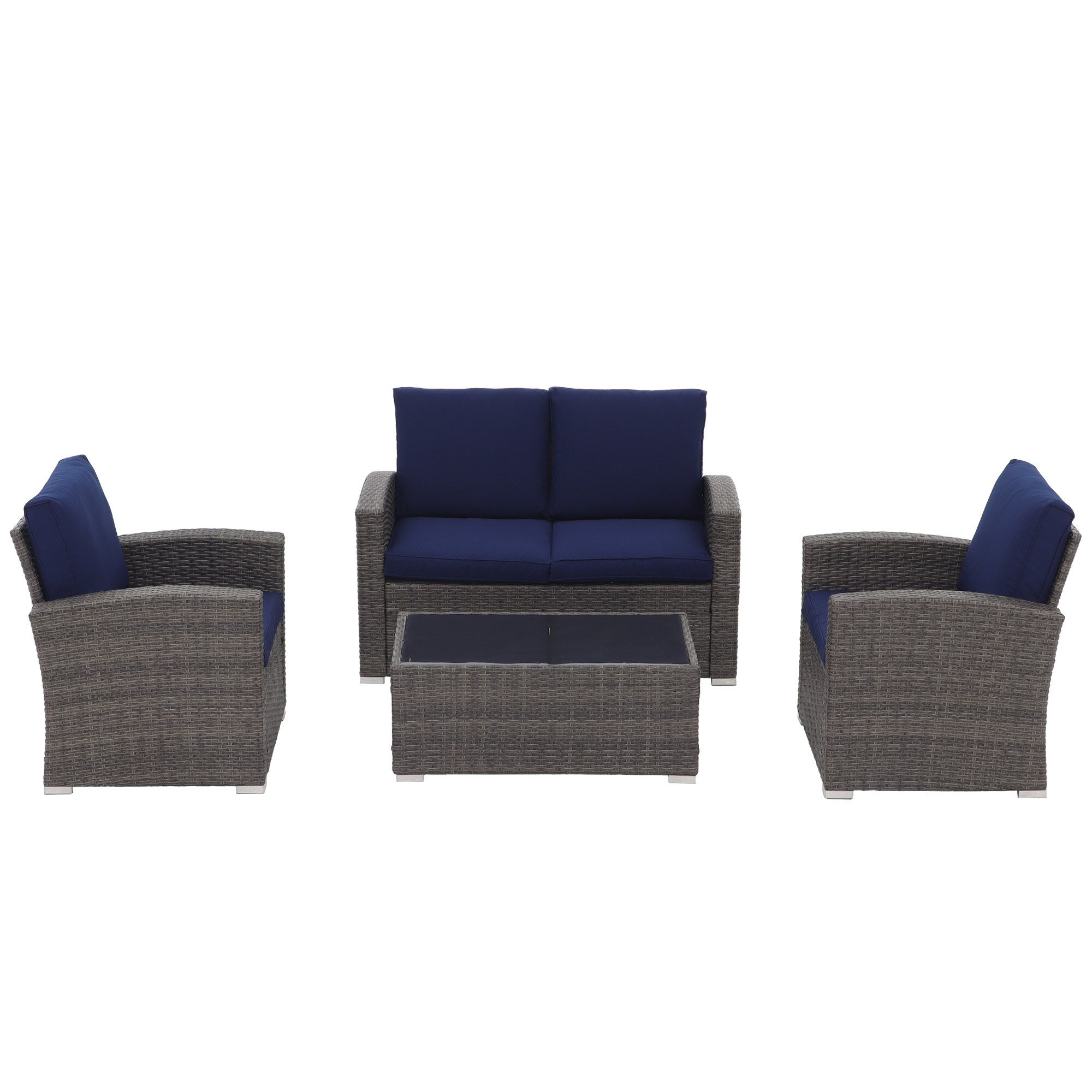 Salon de jardin en rotin pour 4 personnes avec coussins gris et table en verre trempé