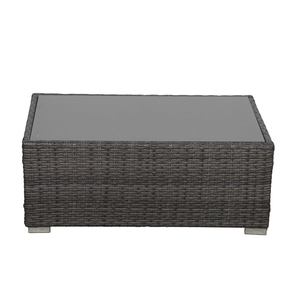 Salon de jardin en rotin pour 4 personnes avec coussins gris et table en verre trempé