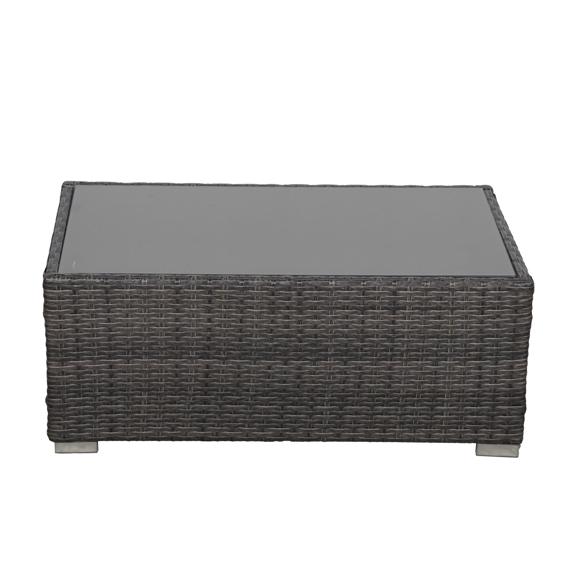 Salon de jardin en rotin pour 4 personnes avec coussins gris et table en verre trempé