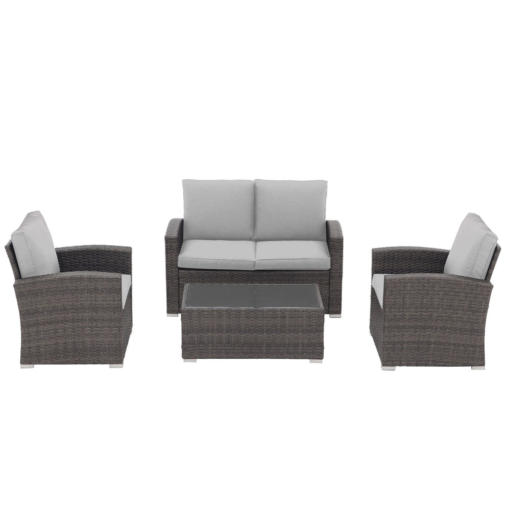 Salon de jardin en rotin pour 4 personnes avec coussins gris et table en verre trempé