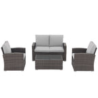 Salon de jardin en rotin pour 4 personnes avec coussins gris et table en verre trempé