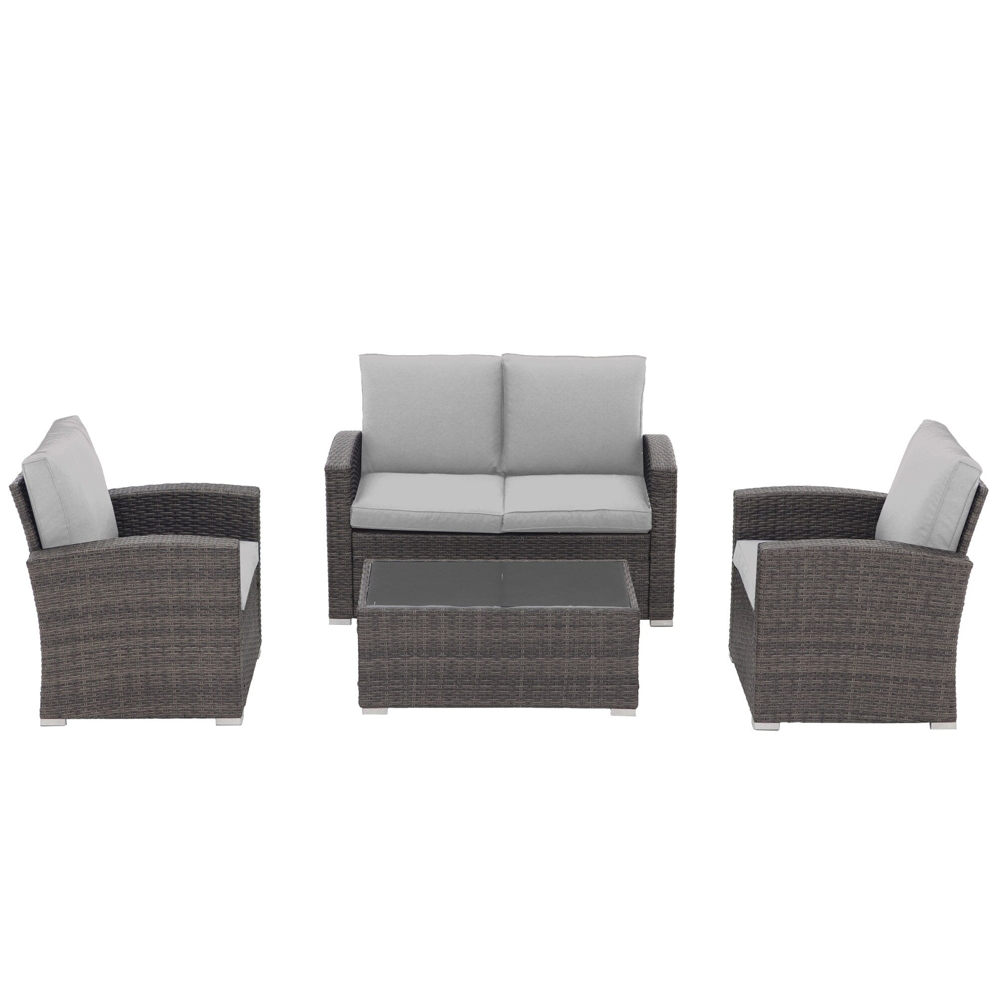 Salon de jardin en rotin pour 4 personnes avec coussins gris et table en verre trempé