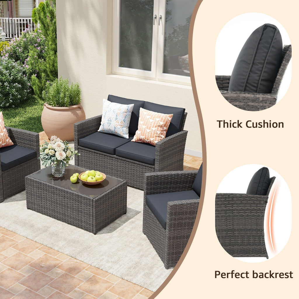 Salon de jardin en rotin pour 4 personnes avec coussins gris et table en verre trempé