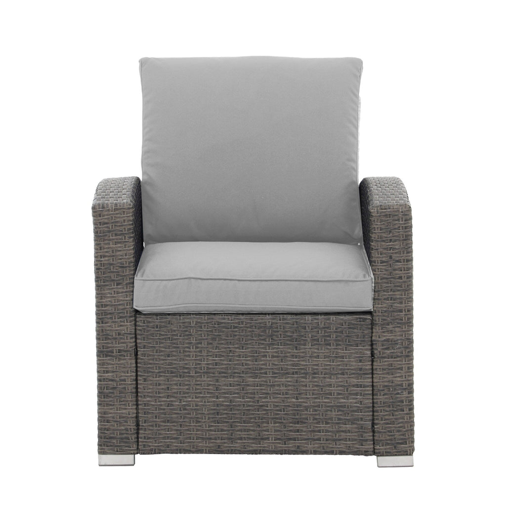 Salon de jardin en rotin pour 4 personnes avec coussins gris et table en verre trempé