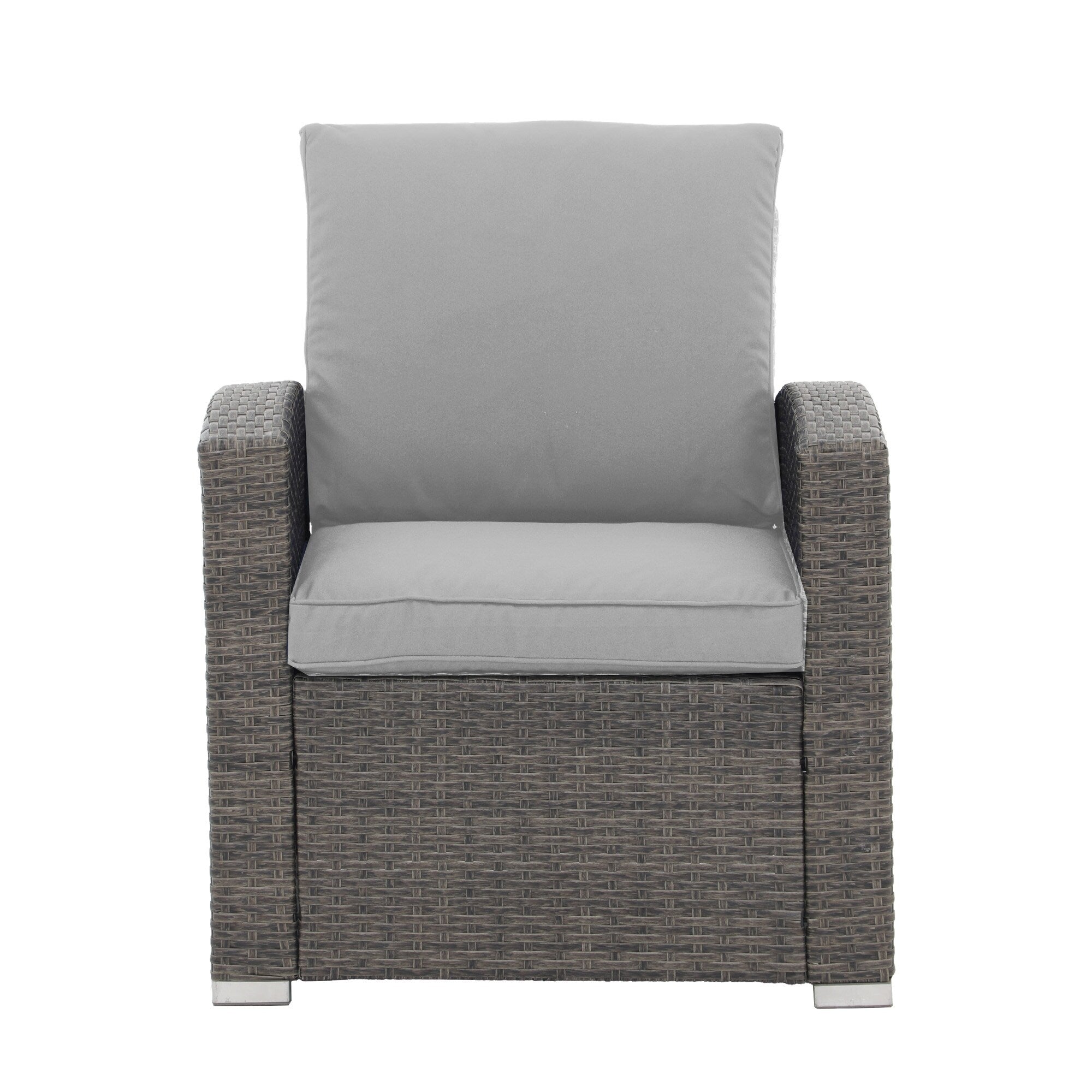 Salon de jardin en rotin pour 4 personnes avec coussins gris et table en verre trempé