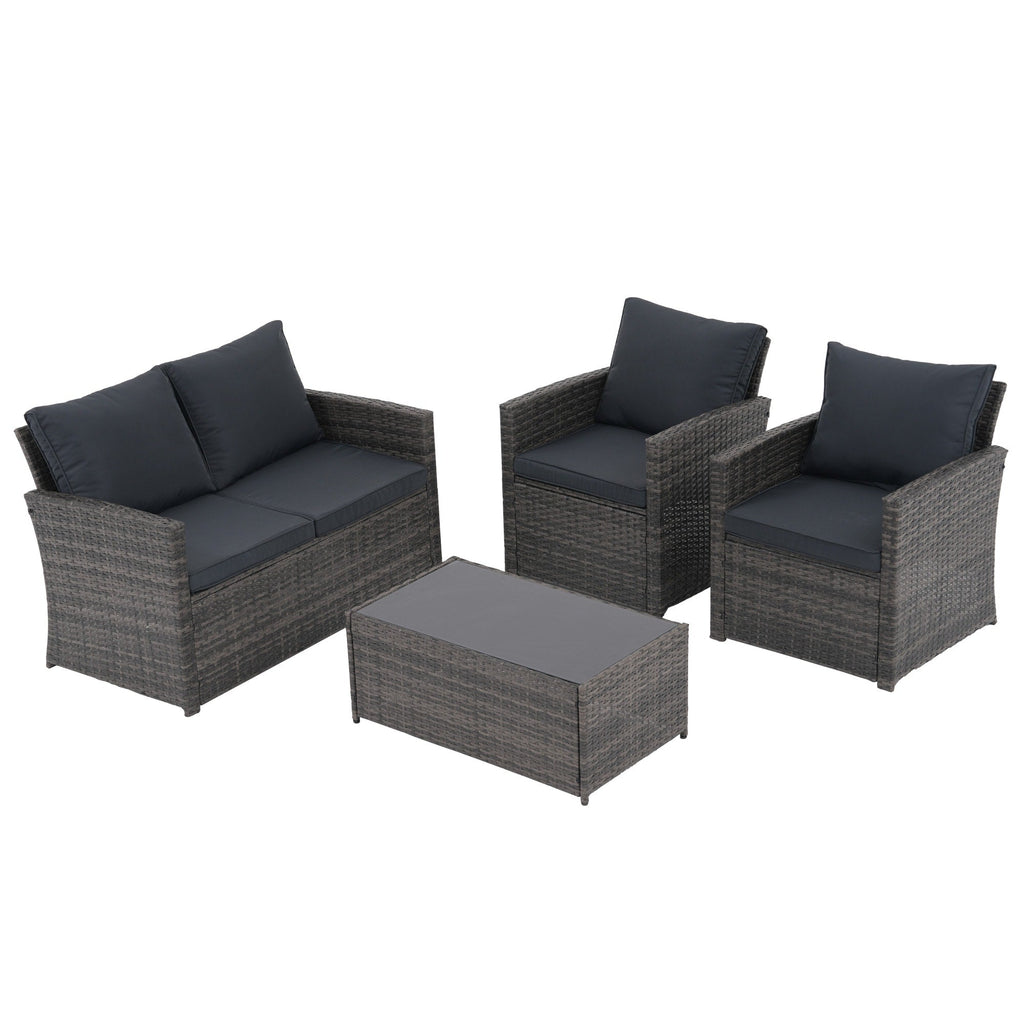 Salon de jardin en rotin pour 4 personnes avec coussins gris et table en verre trempé