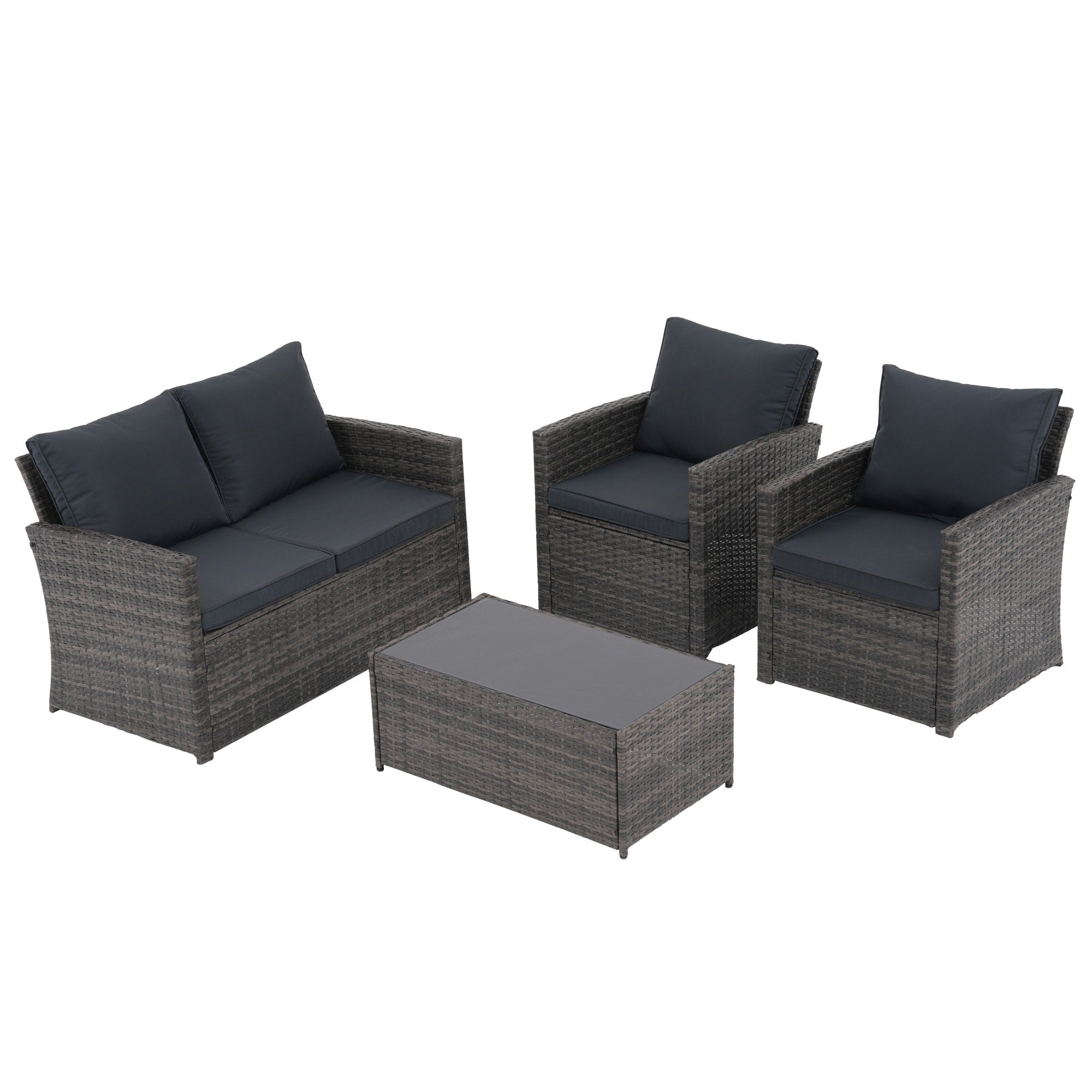 Salon de jardin en rotin pour 4 personnes avec coussins gris et table en verre trempé