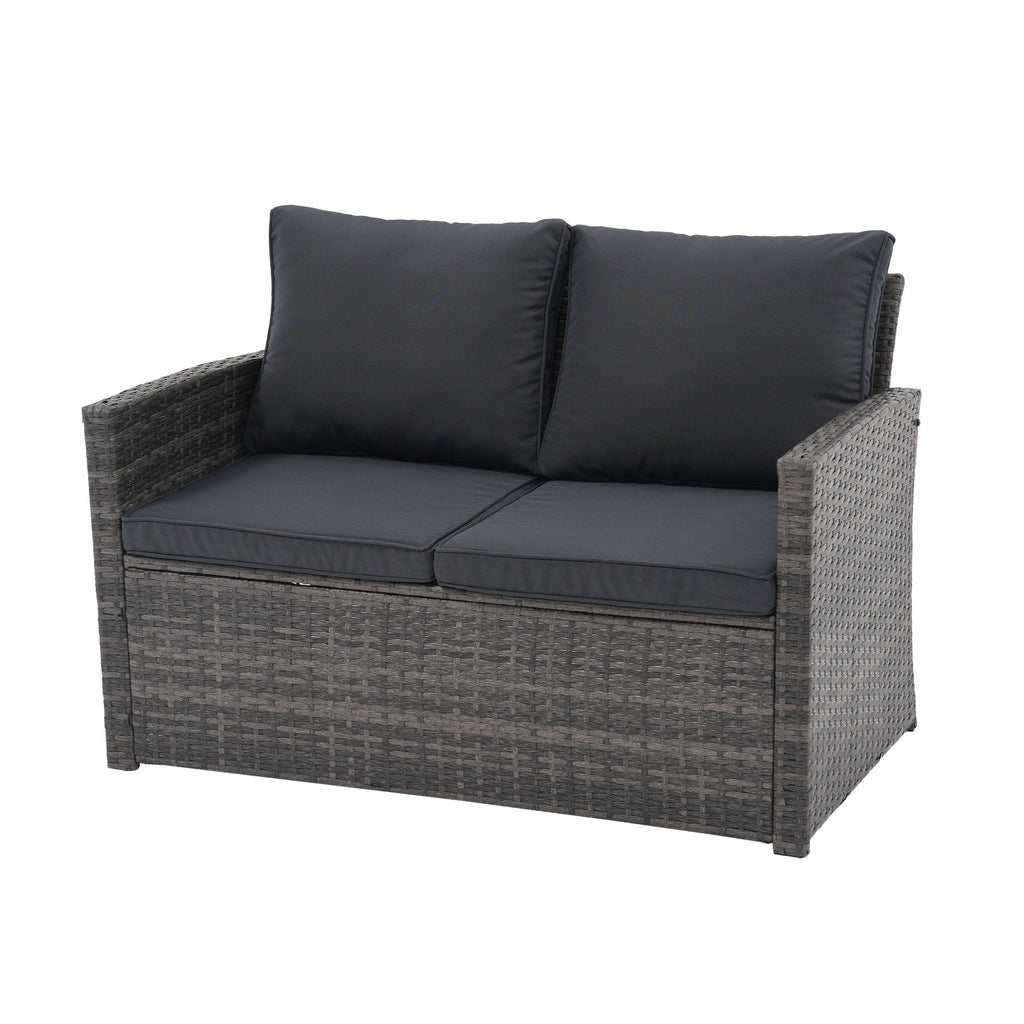 Salon de jardin en rotin pour 4 personnes avec coussins gris et table en verre trempé