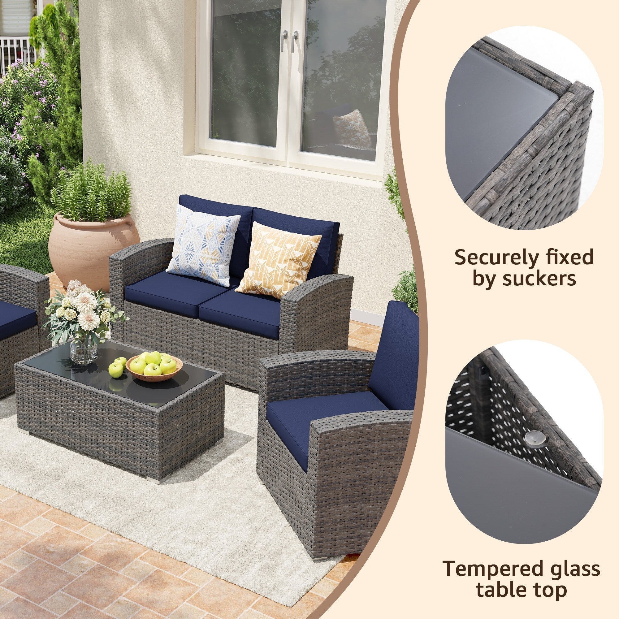 Salon de jardin en rotin pour 4 personnes avec coussins gris et table en verre trempé