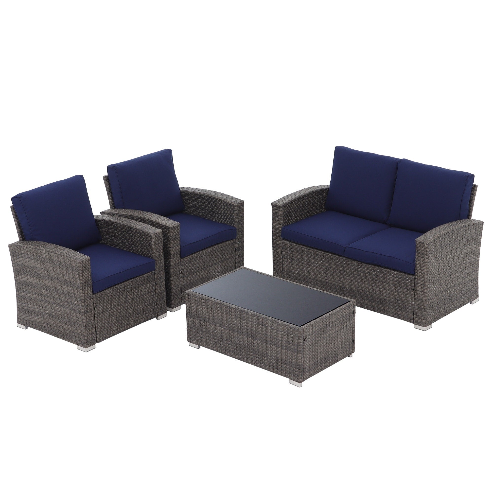 Salon de jardin en rotin pour 4 personnes avec coussins gris et table en verre trempé