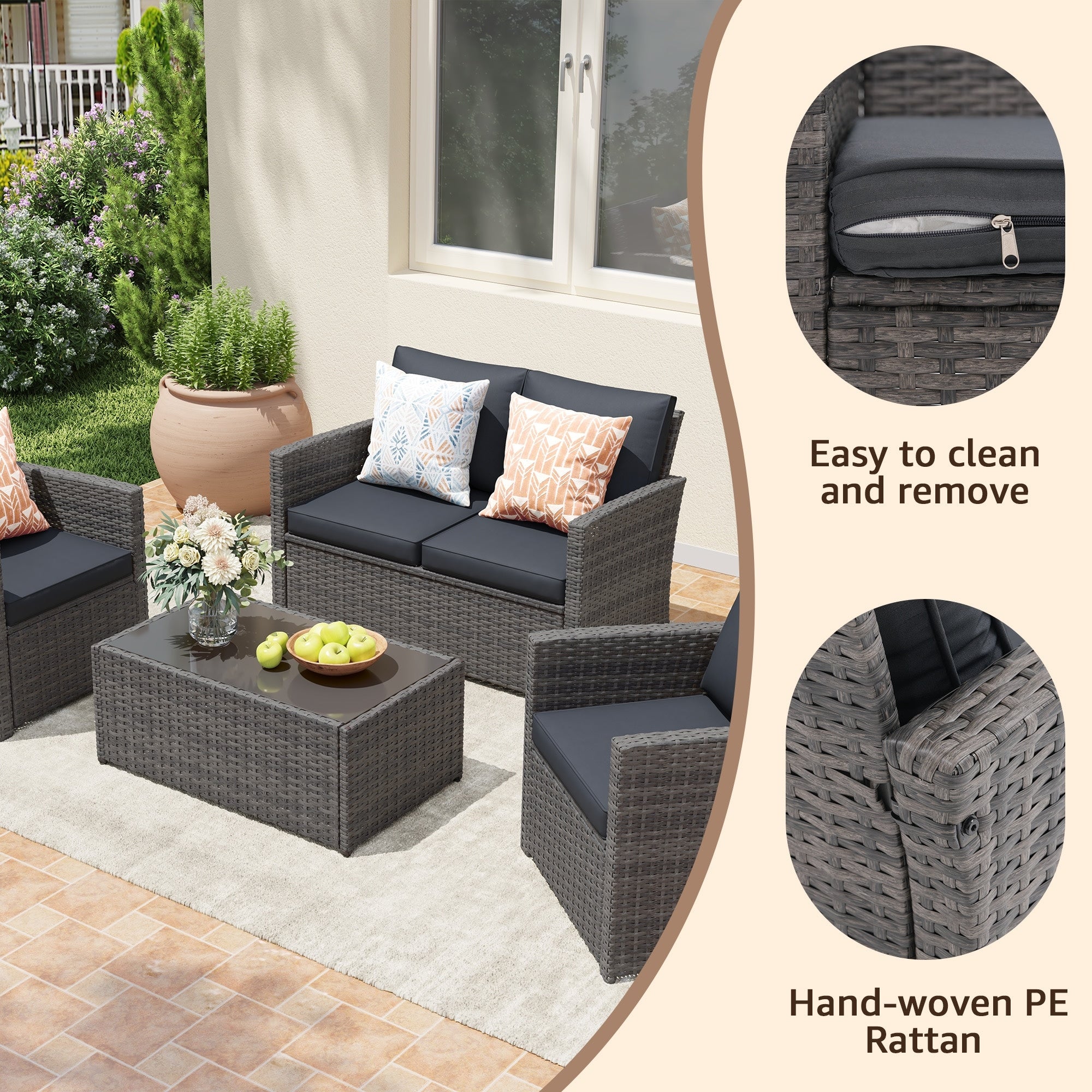 Salon de jardin en rotin pour 4 personnes avec coussins gris et table en verre trempé