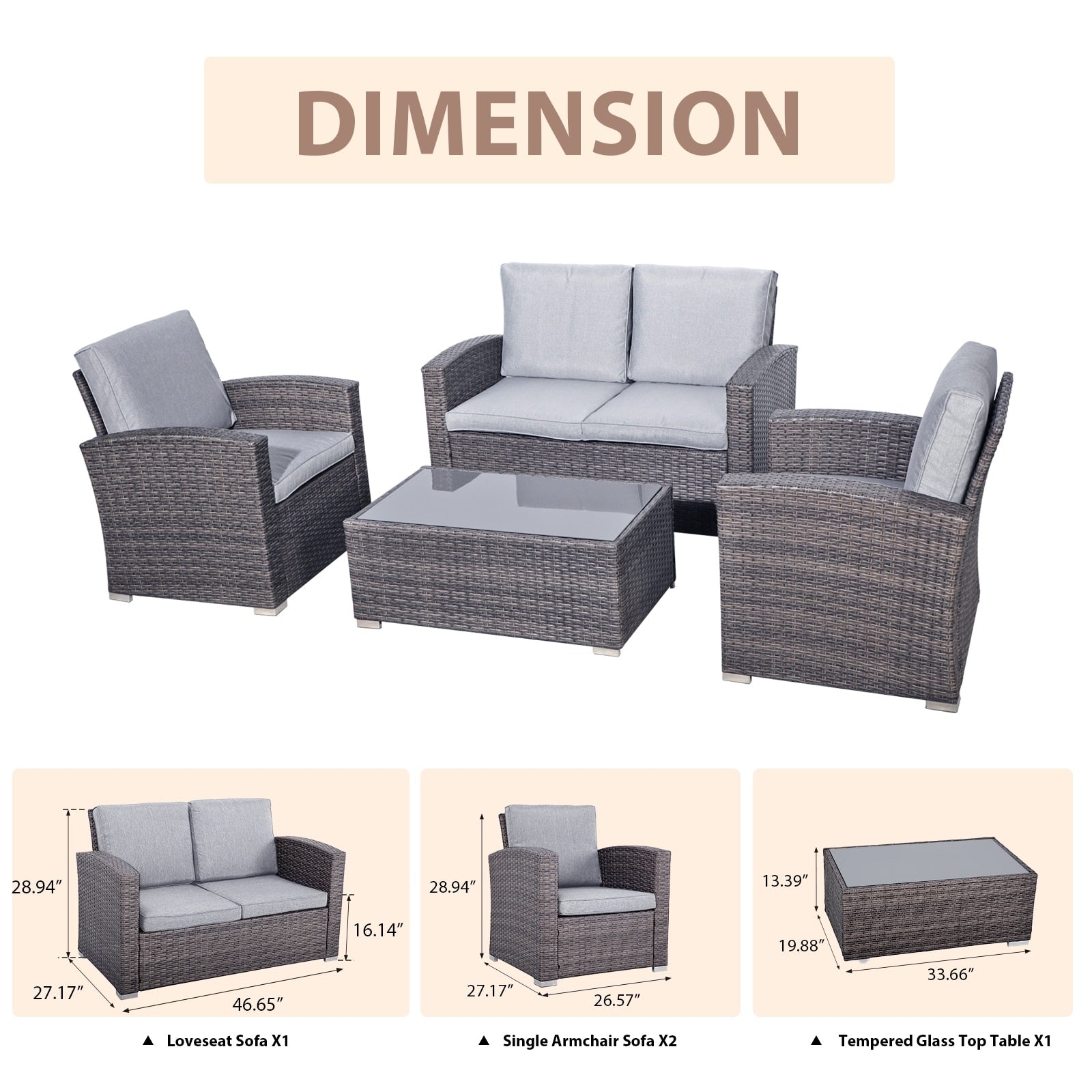 Salon de jardin en rotin pour 4 personnes avec coussins gris et table en verre trempé
