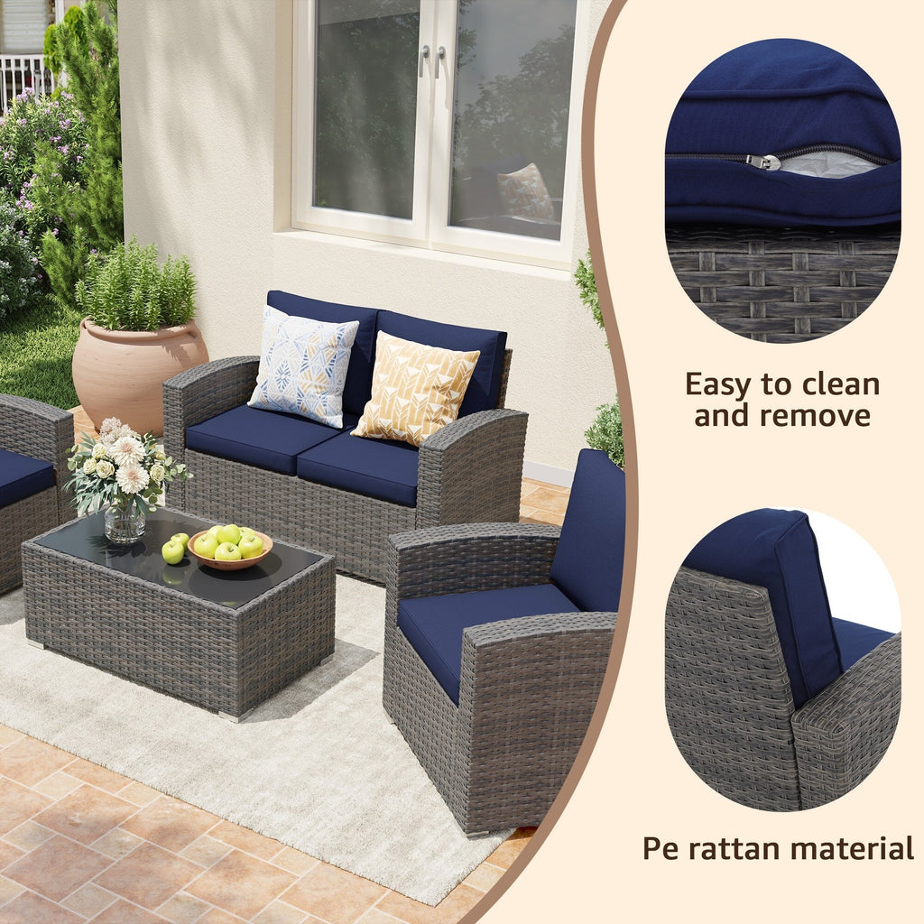 Salon de jardin en rotin pour 4 personnes avec coussins gris et table en verre trempé