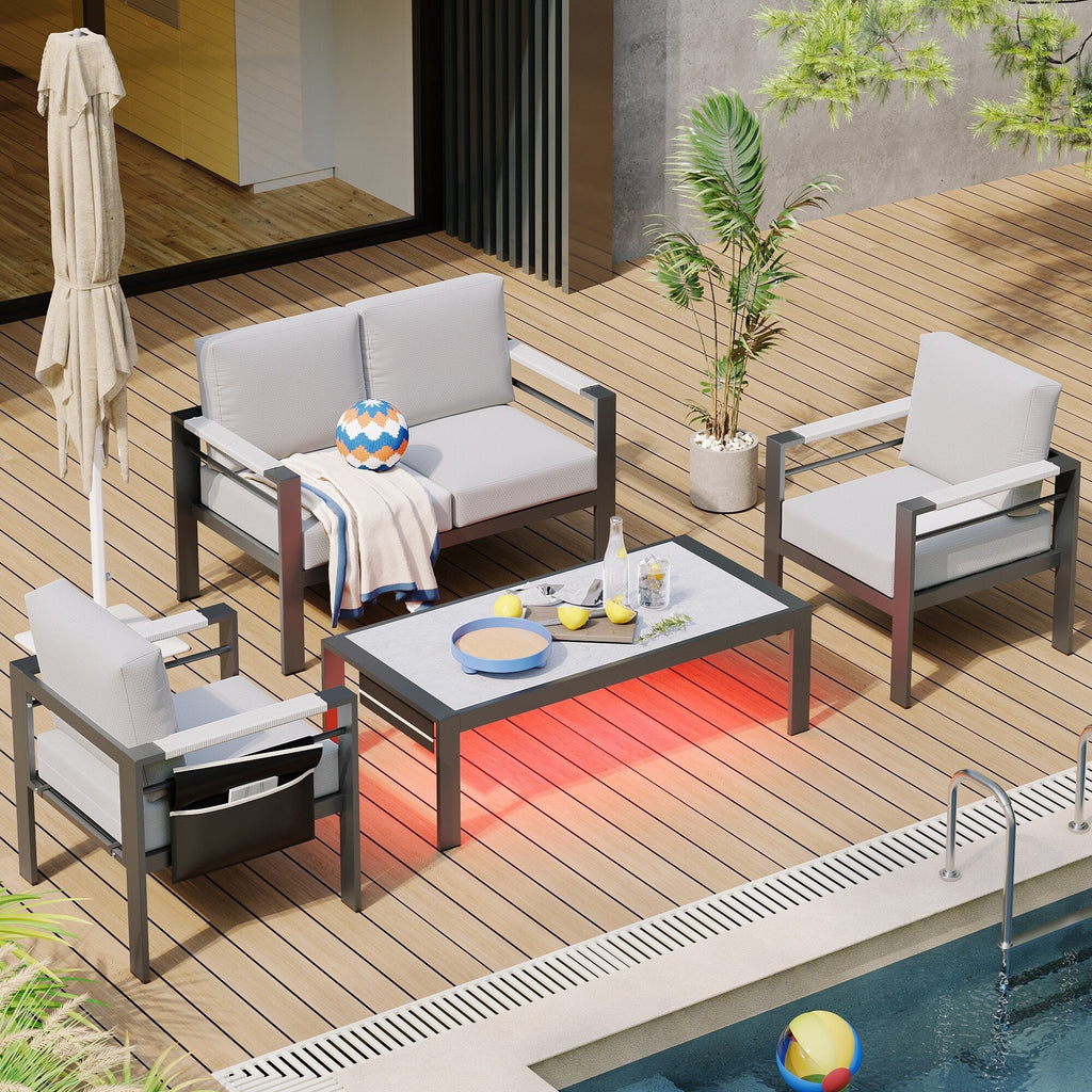 Ensemble de salon de jardin 4 pièces en aluminium pour 4 personnes avec coussins, table basse à LED et causeuse