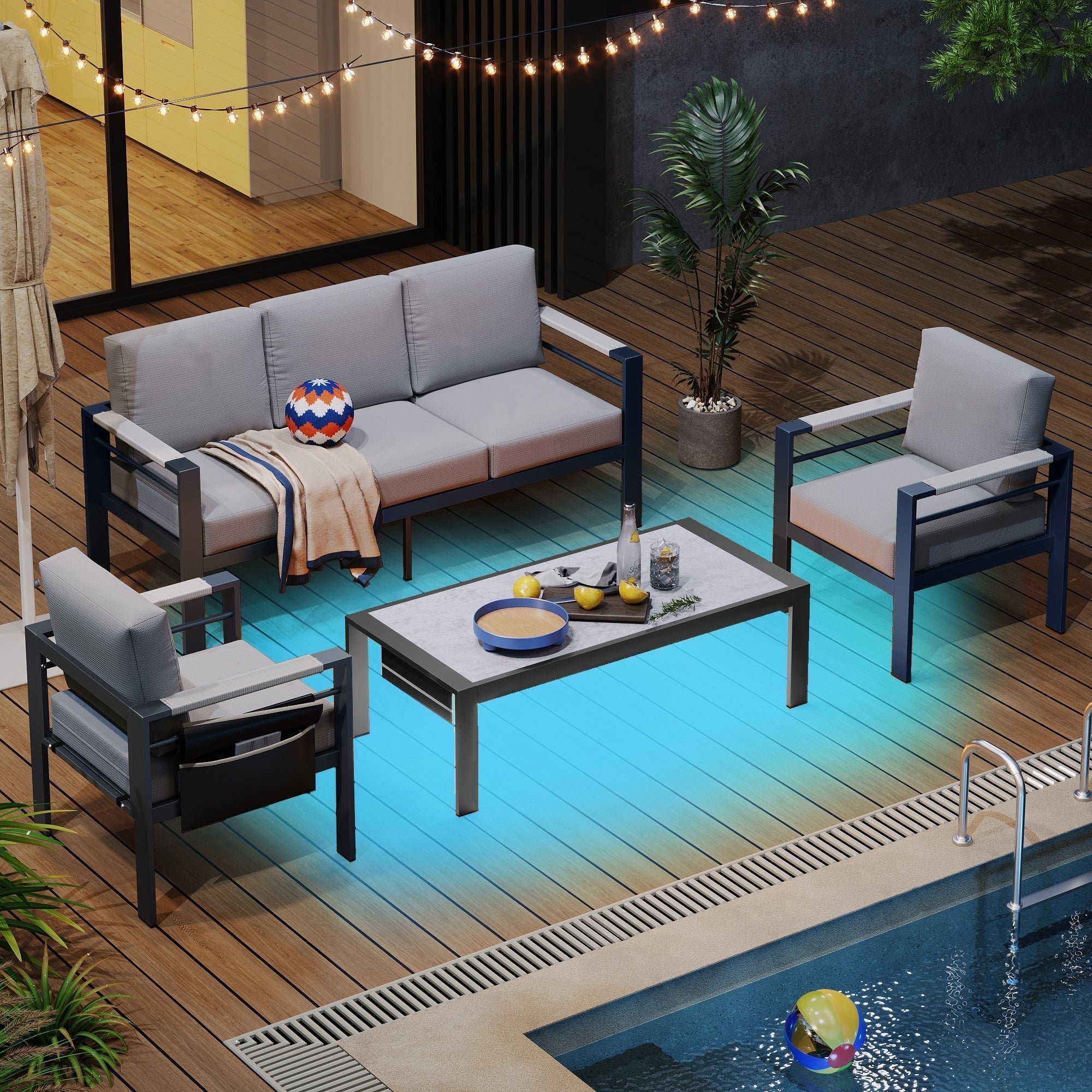 Ensemble de salon de jardin en aluminium 4 pièces, 5 places, avec coussins, table basse à LED et canapé