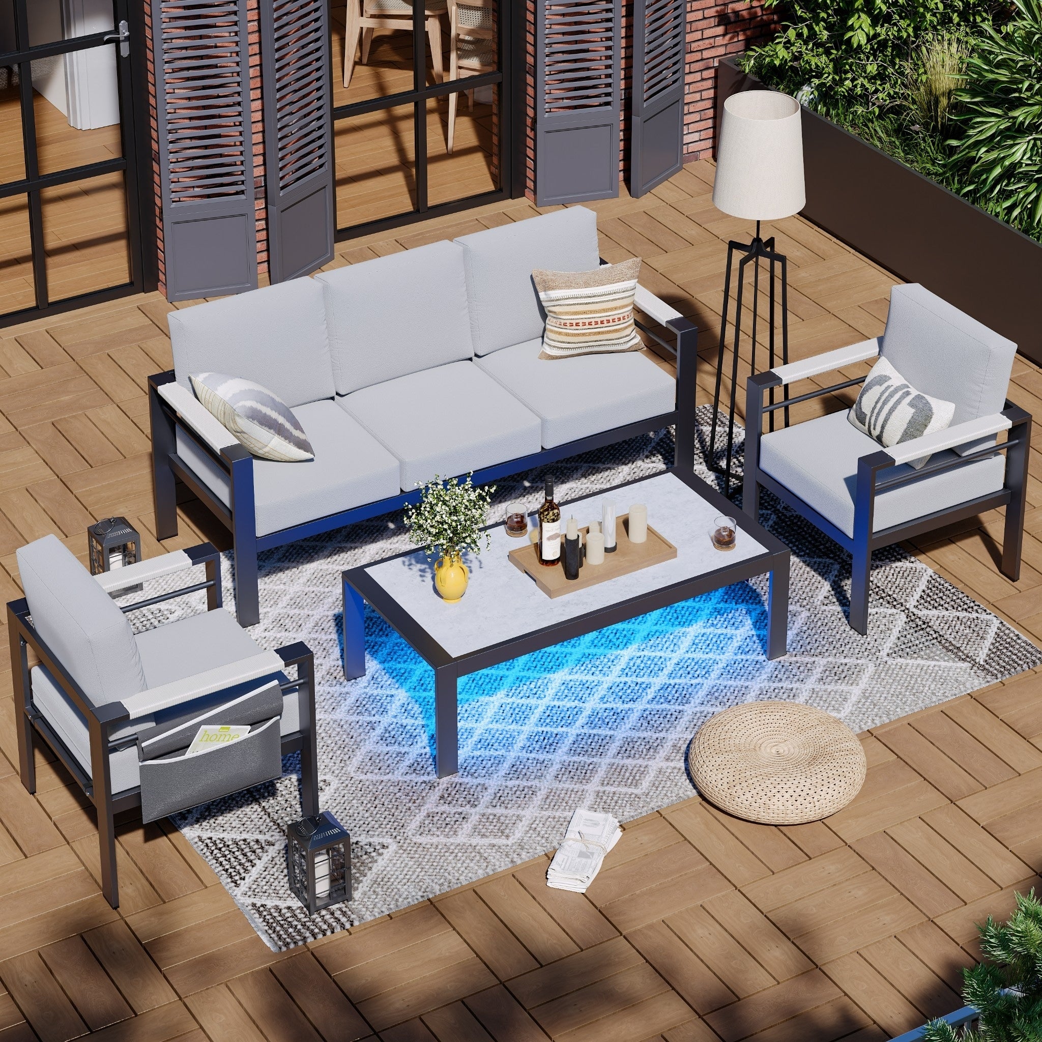 Ensemble de salon de jardin en aluminium 4 pièces, 5 places, avec coussins, table basse à LED et canapé