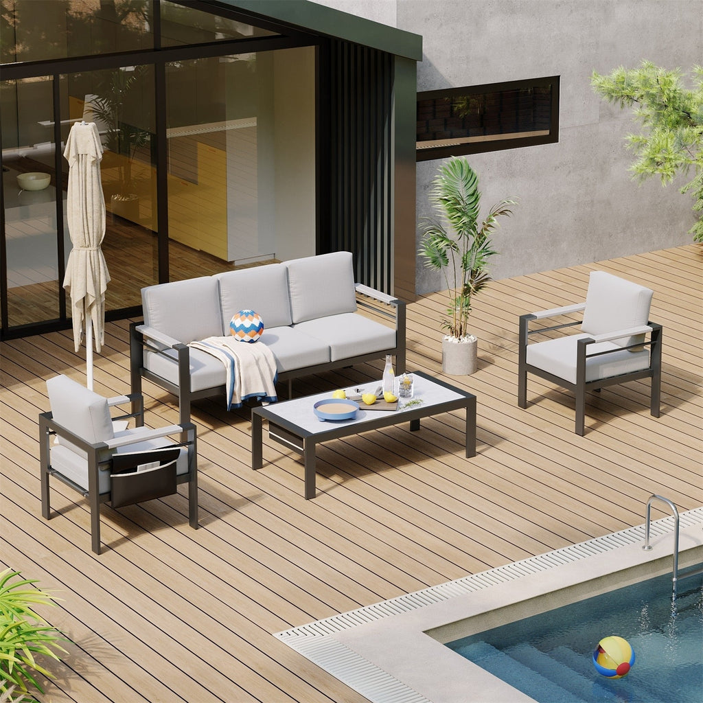 Ensemble de salon de jardin en aluminium 4 pièces, 5 places, avec coussins, table basse à LED et canapé