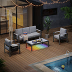 Ensemble de salon de jardin en aluminium 4 pièces, 5 places, avec coussins, table basse à LED et canapé