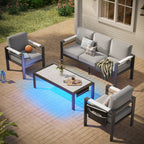 Ensemble de salon de jardin en aluminium 4 pièces, 5 places, avec coussins, table basse à LED et canapé