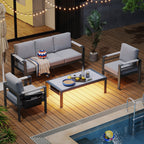 Ensemble de salon de jardin en aluminium 4 pièces, 5 places, avec coussins, table basse à LED et canapé