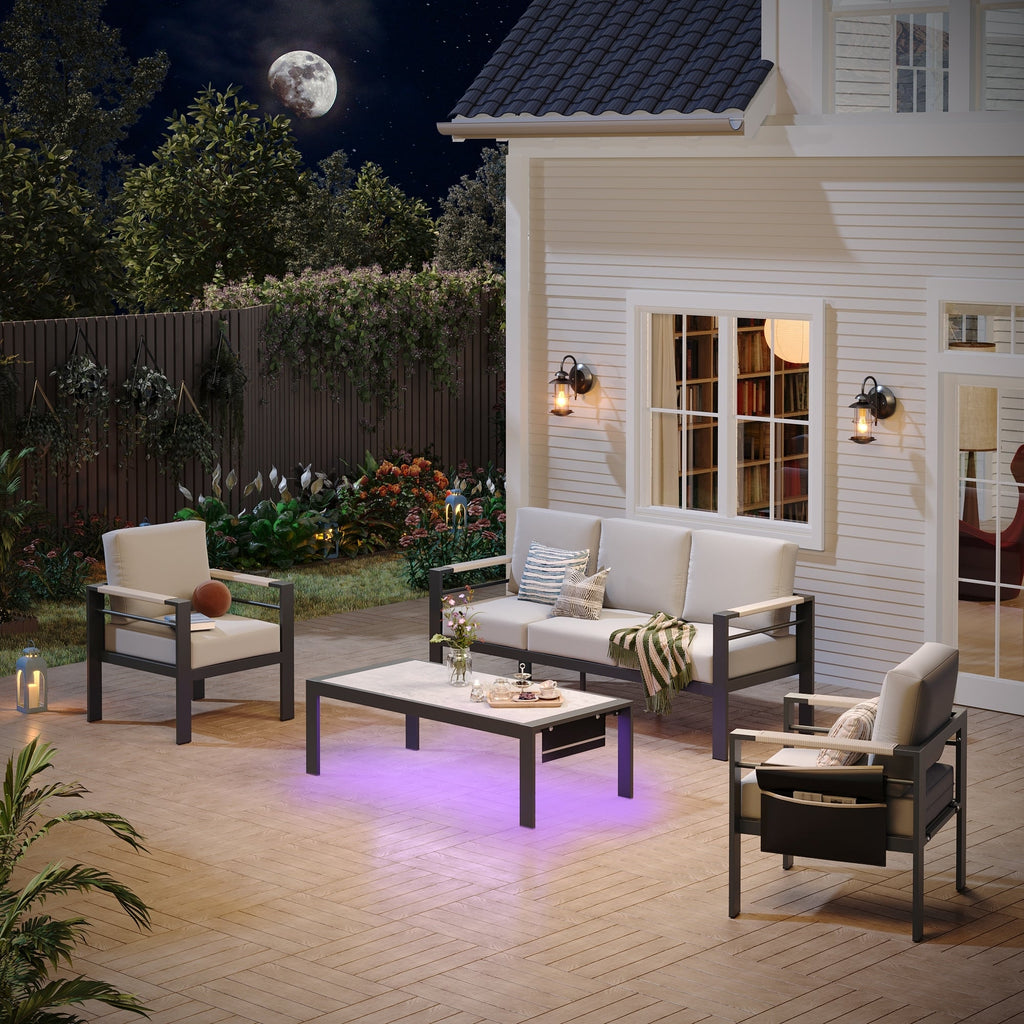 Ensemble de salon de jardin en aluminium 4 pièces, 5 places, avec coussins, table basse à LED et canapé