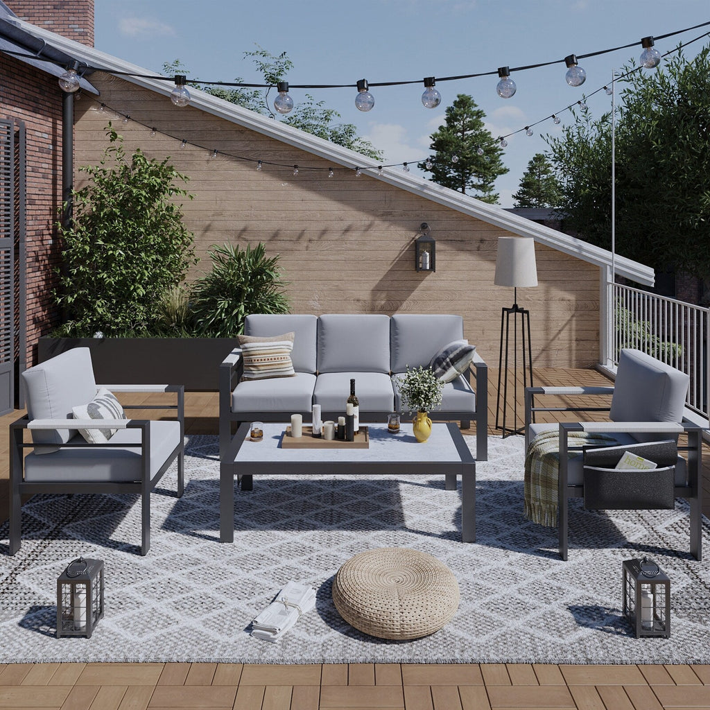 Ensemble de salon de jardin en aluminium 4 pièces, 5 places, avec coussins, table basse à LED et canapé