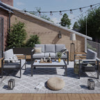 Ensemble de salon de jardin en aluminium 4 pièces, 5 places, avec coussins, table basse à LED et canapé