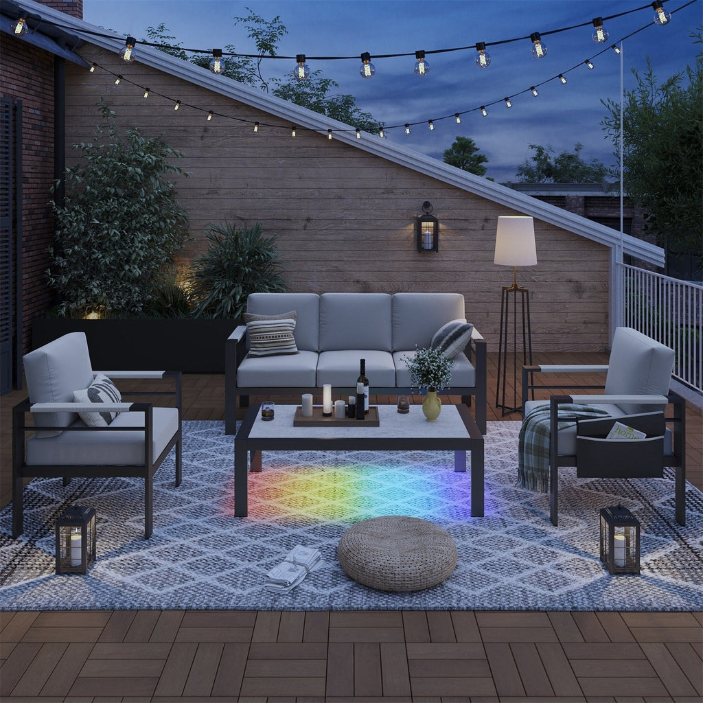 Ensemble de salon de jardin en aluminium 4 pièces, 5 places, avec coussins, table basse à LED et canapé