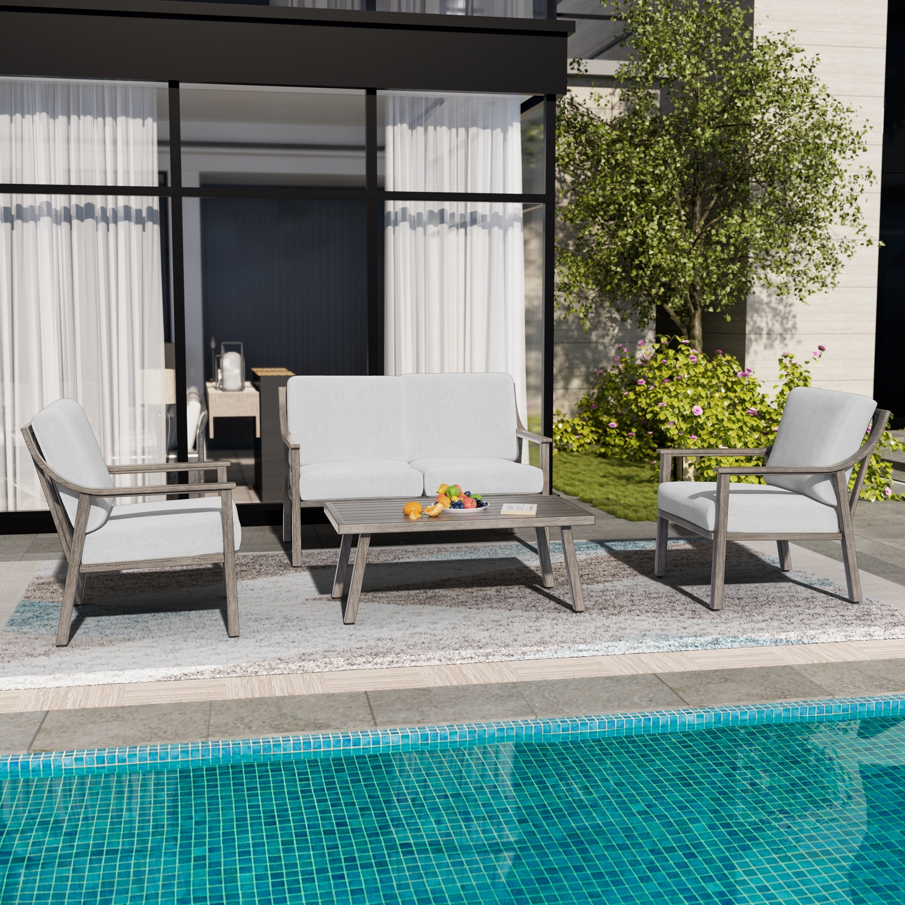 Ensemble de conversation de patio en aluminium 4 pièces avec table d'appoint et coussins