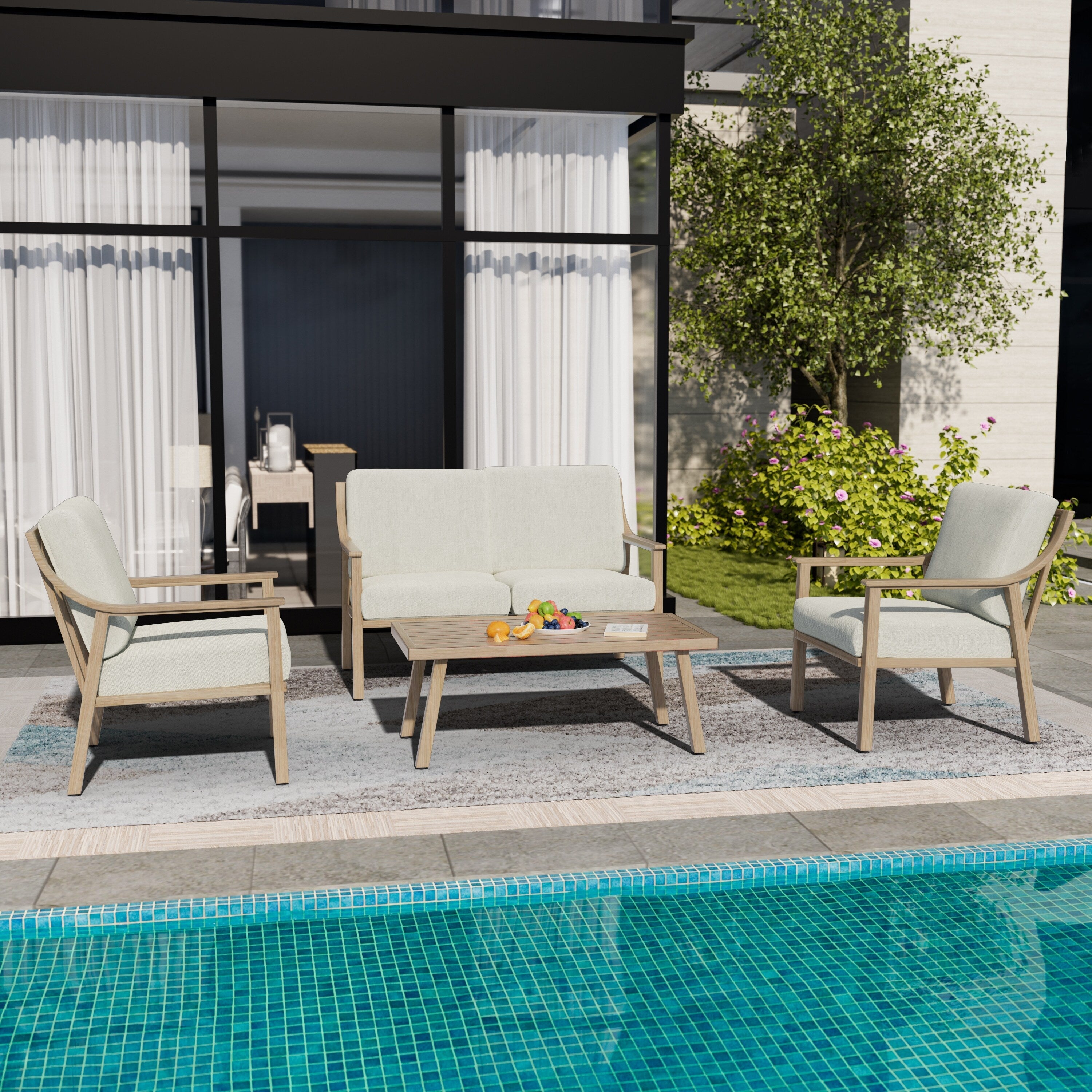 Ensemble de conversation de patio en aluminium 4 pièces avec table d'appoint et coussins