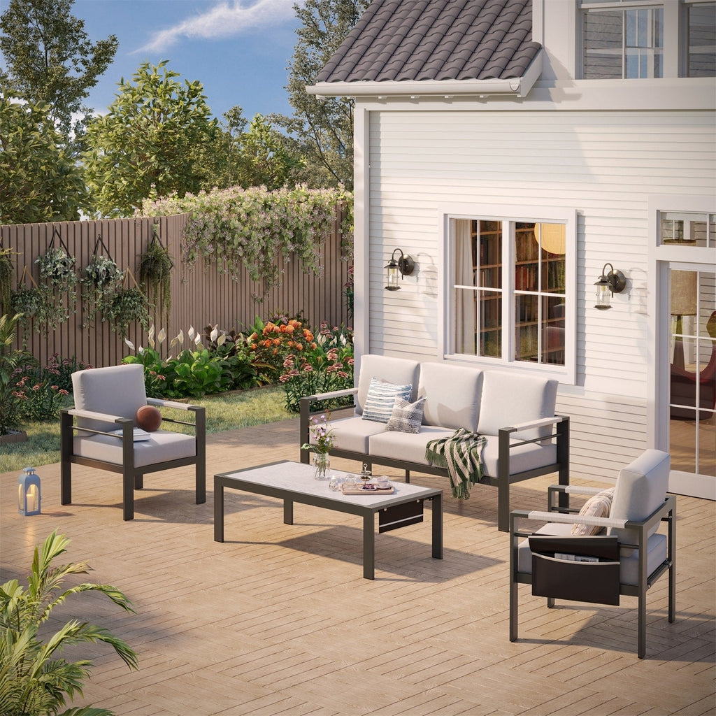 Ensemble de salon de jardin en aluminium 4 pièces, 5 places, avec coussins, table basse à LED et canapé